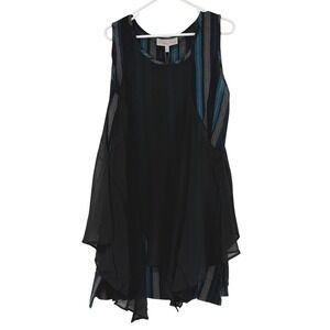 Pretty Angel Large Teal Black Striped Linen Blend Layered Dress Lagenlook Witchy